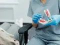 Dentysta pokazuje na modelu, jak radzić sobie z bólem ósemki.