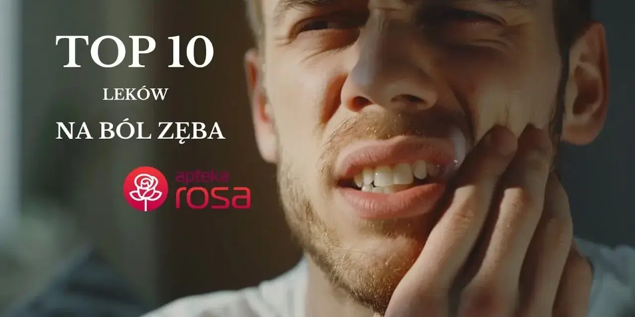 Mężczyzna z bólem zęba, tekst "TOP 10 leków na ból zęba" i logo apteki. Dowiedz się, co jeść przy bólu zęba.