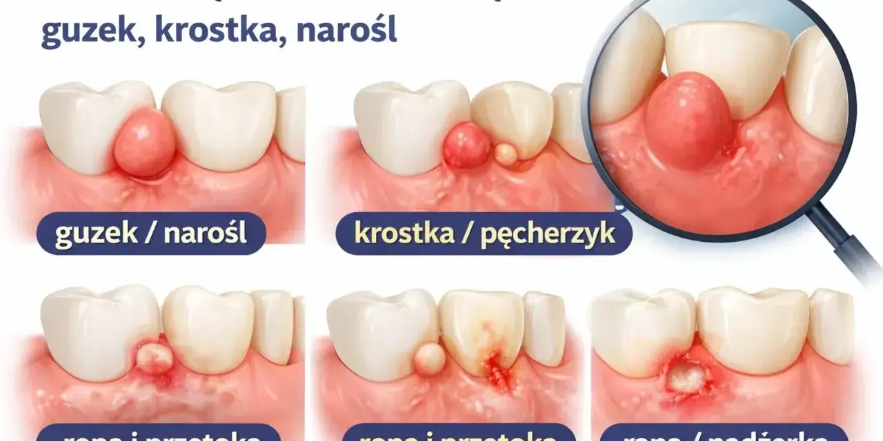 Ilustracja pokazuje różne zmiany na dziąśle: guzek, krostkę, ropę i ranę. Może to być objaw problemu z zębem, np. **rysa na zębie**.