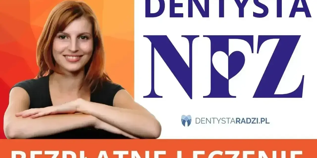 Uśmiechnięta kobieta z rudymi włosami, obok logo "DENTYSTA NFZ". Bezpłatne leczenie, gdy z bólem zęba w nocy.
