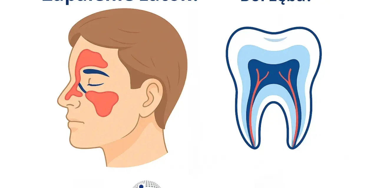 Zapalenie zatok czy ból zęba? Ilustracja pokazuje twarz z zaznaczonymi zatokami i przekrój zęba, sugerując związek między nimi.