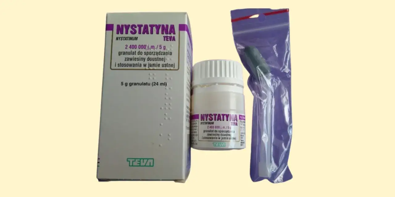 Nystatyna TEVA, antybiotyk na grzybicę jamy ustnej, w opakowaniu z granulatem i zakraplaczem.