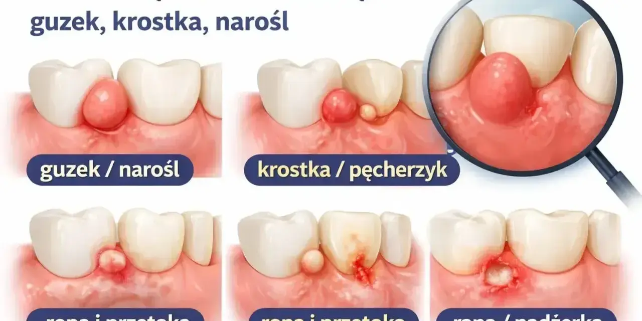Ilustracja pokazuje różne zmiany na dziąśle: guzek, krostkę, ropę i przetokę. Domowe sposoby na przetokę zębową mogą pomóc złagodzić objawy.