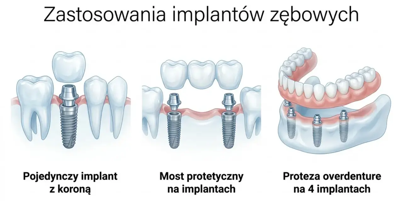 Ilustracja pokazuje, jak implanty zębowe pomagają ludziom bez zębów odzyskać uśmiech: pojedynczy implant z koroną, most protetyczny i proteza overdenture.