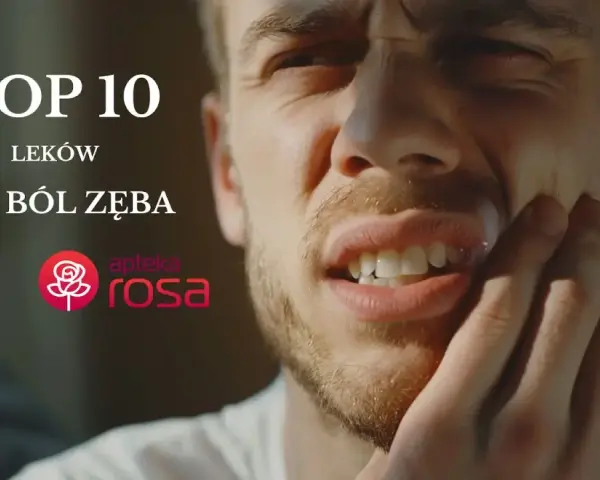 Mężczyzna z bólem zęba, tekst "TOP 10 leków na ból zęba" i logo apteki. Dowiedz się, co jeść przy bólu zęba.