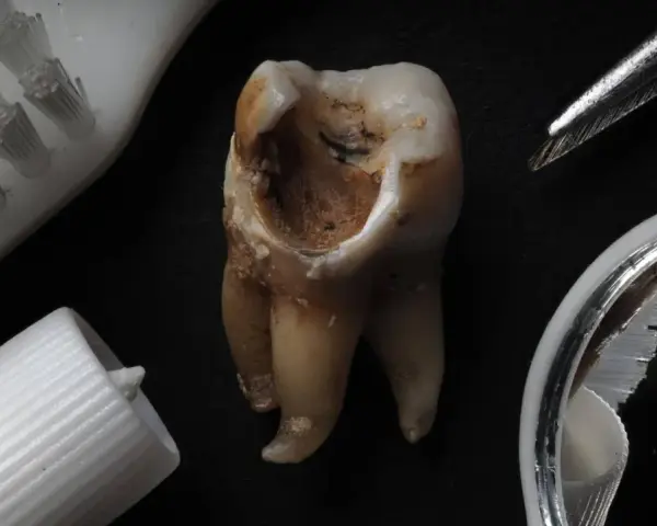 Zniszczony ząb z widoczną próchnicą przy dziąśle, obok szczoteczki i pasty do zębów.