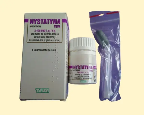 Nystatyna TEVA, antybiotyk na grzybicę jamy ustnej, w opakowaniu z granulatem i zakraplaczem.