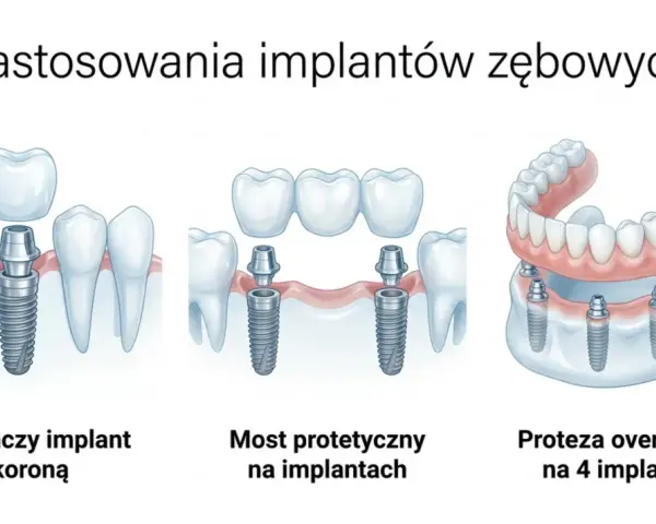 Ilustracja pokazuje, jak implanty zębowe pomagają ludziom bez zębów odzyskać uśmiech: pojedynczy implant z koroną, most protetyczny i proteza overdenture.