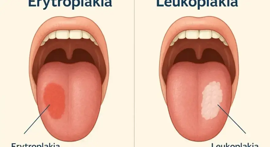 Objawy raka jamy ustnej: erytroplakia (czerwona plama) i leukoplakia (biała plama) na języku.