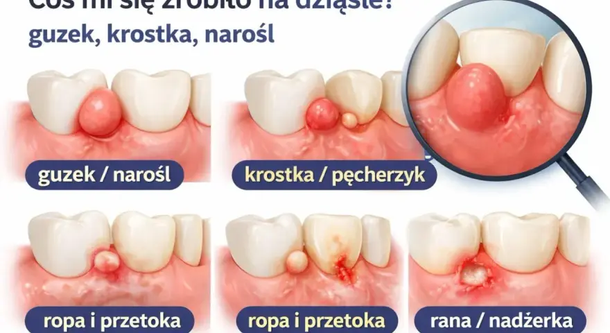 Ilustracja pokazuje różne zmiany na dziąśle: guzek, krostkę, ropę i ranę. Może to być objaw problemu z zębem, np. **rysa na zębie**.