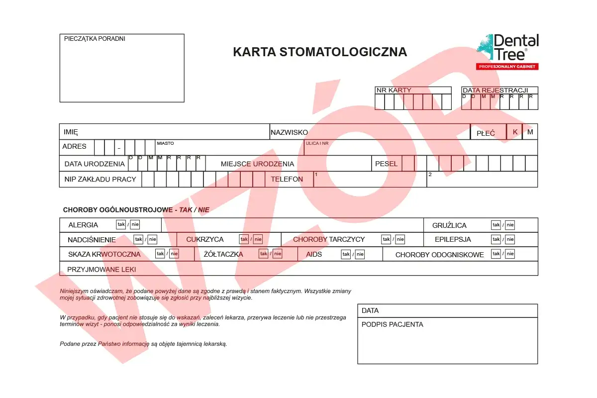 Karta stomatologiczna do wywiadu stomatologicznego, zawiera dane pacjenta, choroby ogólnoustrojowe i przyjmowane leki.