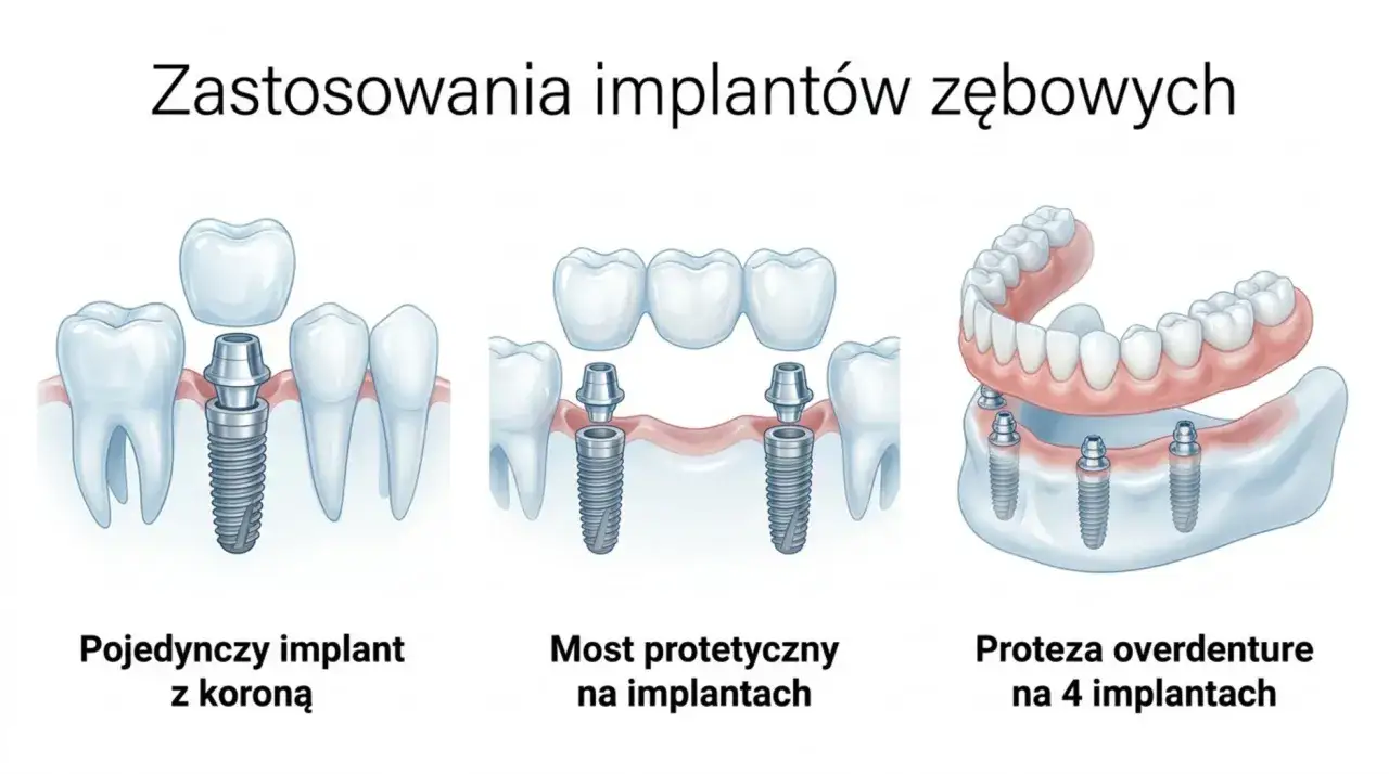 Ilustracja pokazuje, jak implanty zębowe pomagają ludziom bez zębów odzyskać uśmiech: pojedynczy implant z koroną, most protetyczny i proteza overdenture.