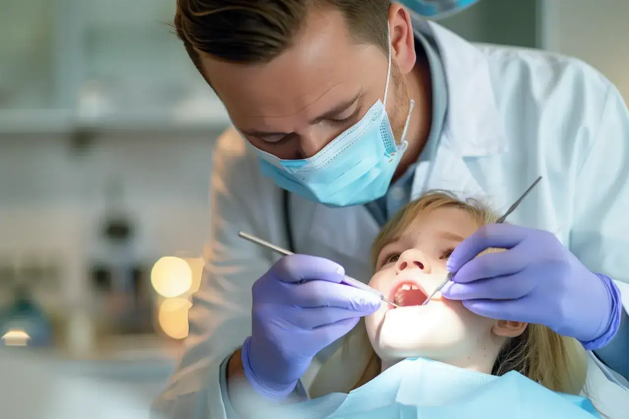 Dentysta bada uśmiech dziecka, sprawdzając, czy nie ma zwichnięcia zęba.