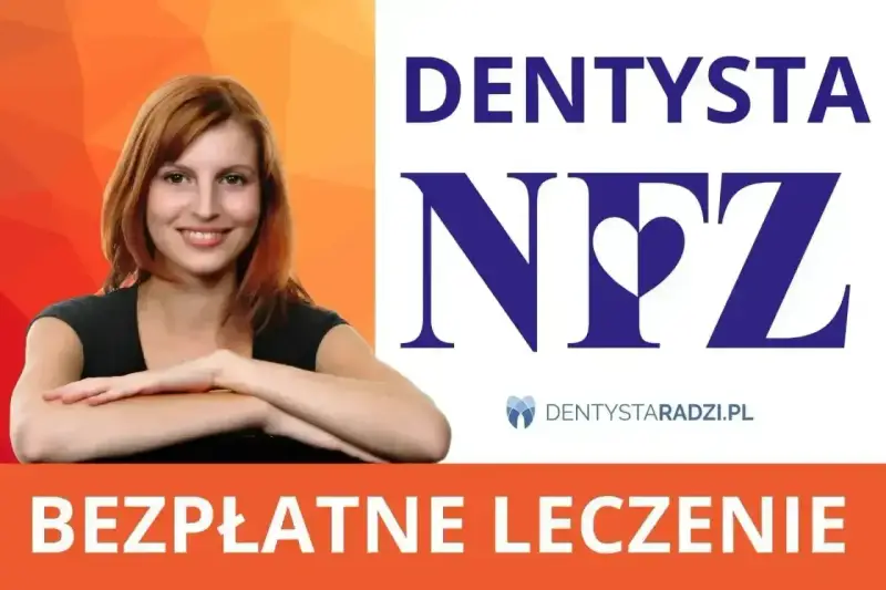 Uśmiechnięta kobieta z rudymi włosami, obok logo "DENTYSTA NFZ". Bezpłatne leczenie, gdy z bólem zęba w nocy.